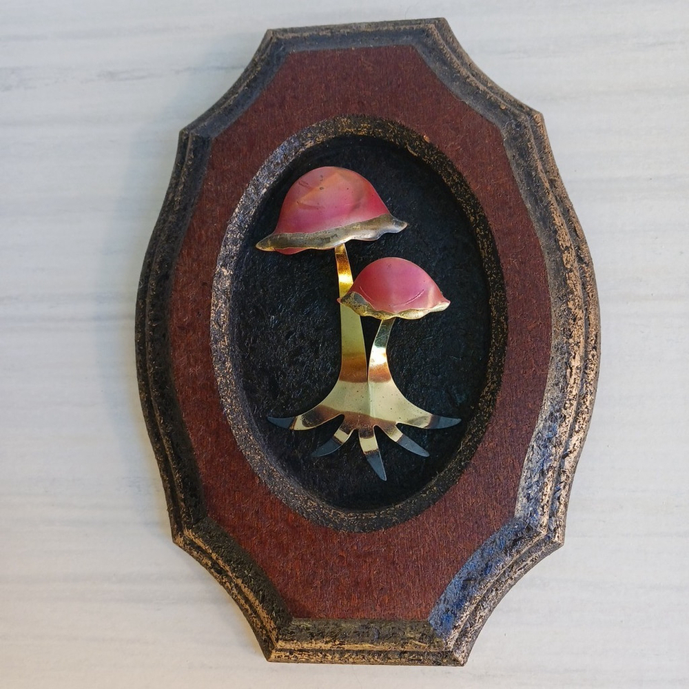 Vintage Mushroom Handcrafted Metal Pressed Wood Frame 7x5.5 Cottagecore Forest
